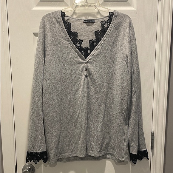 SHEIN Tops - Shein Gray Lace-Trim V-Neck Long Sleeve Top